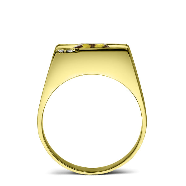 Solid 18K YELLOW GOLD Mens Ring with Citrine and 2 Real DIAMOND Accents