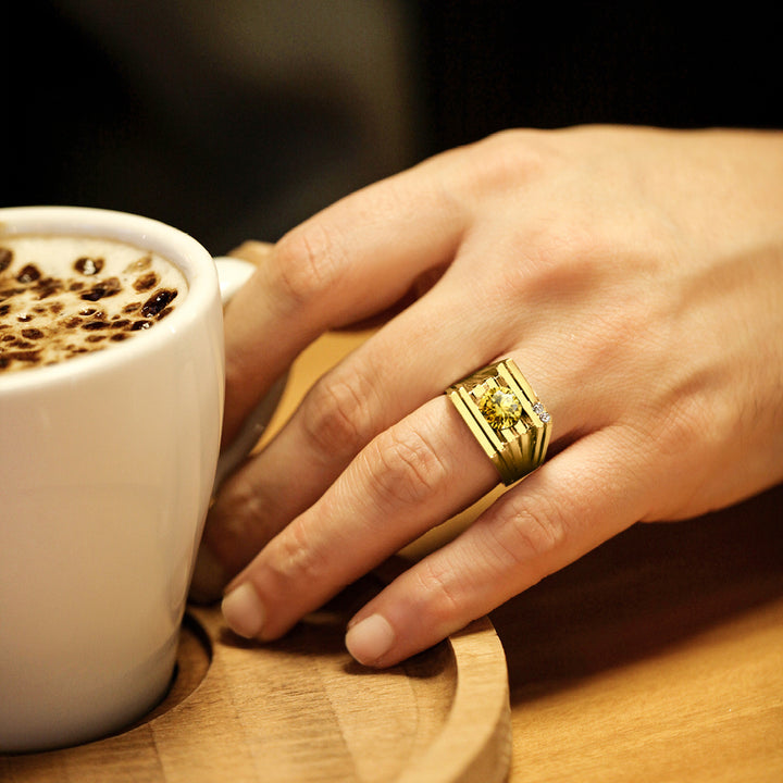 Mens Ring REAL Solid 14K YELLOW GOLD with Citrine and 2 DIAMOND Accents