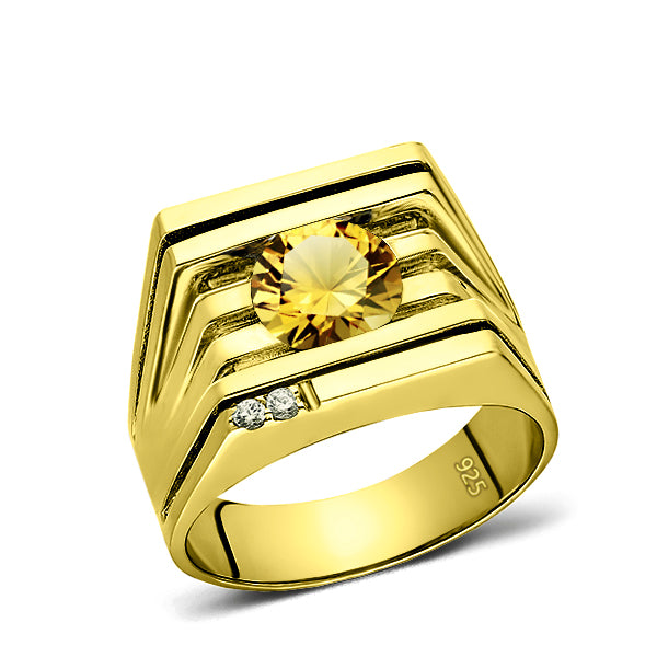 925 Real Solid Silver 18K Gold Plated Citrine 2 Diamond Accent Ring For Men