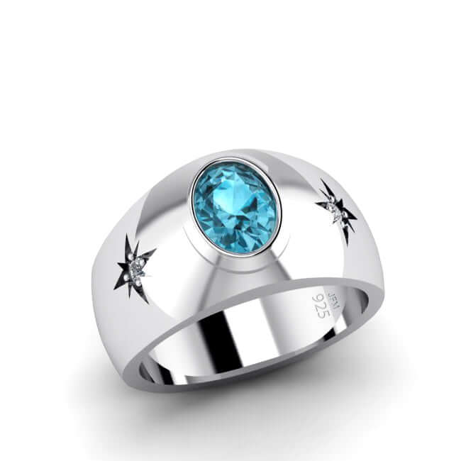 Oval Gemstone Men's Ring 925 Silver Wide Engagement Band  topaz