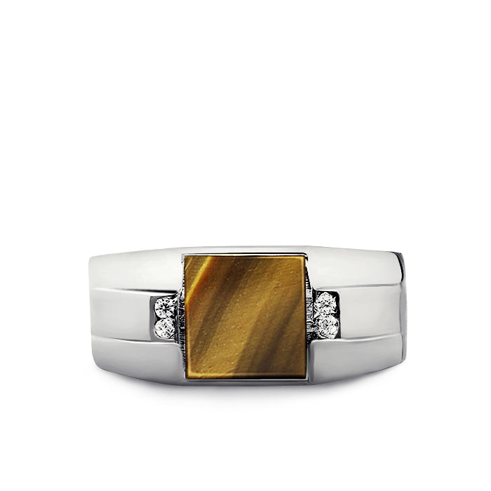 925 Silver Ring for Men with Square Natural Stone & Diamonds