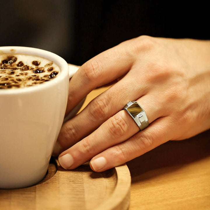 925 Silver Ring for Men with Square Natural Stone & Diamonds