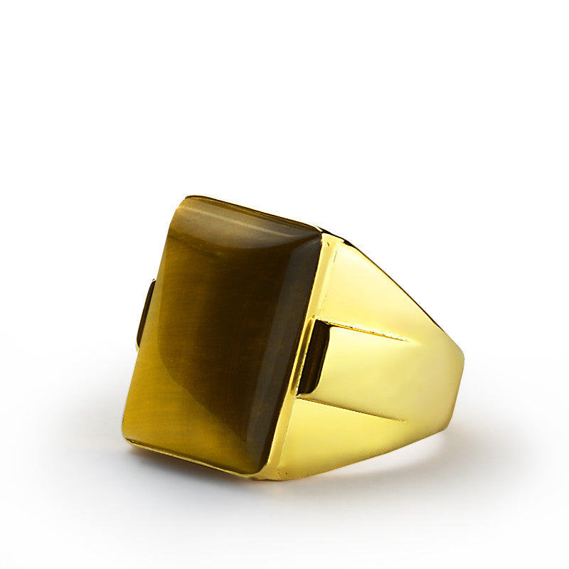Men's Statement Ring in 14k Yellow Gold with Natural Brown Tiger's Eye