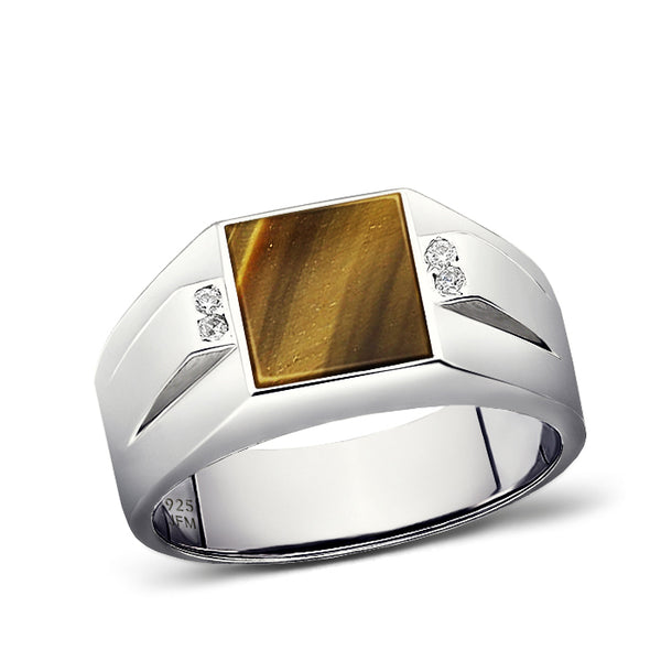 925 Silver Ring for Men with Square Natural Stone & Diamonds