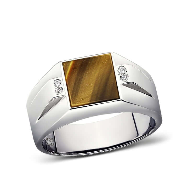 925 Silver Ring for Men with Square Natural Stone & Diamonds