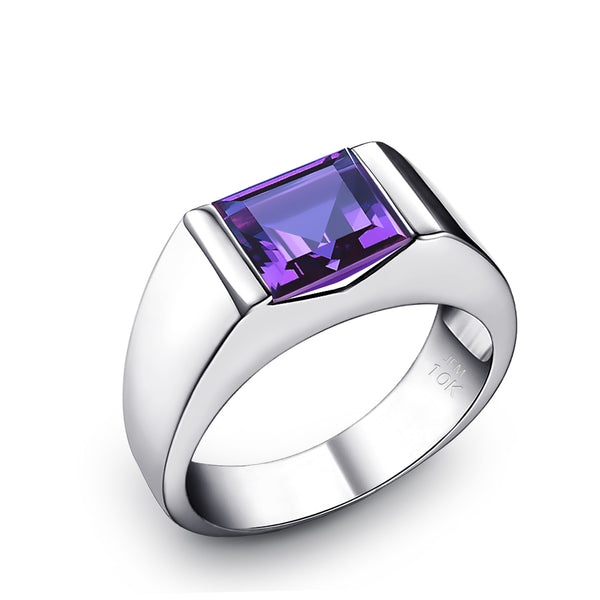 Unique Gemstone Men's Engagement Ring in 10K Gold Emerald Cut Amethyst Solitaire Band