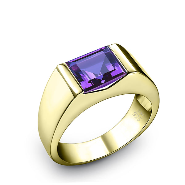 18k Gold Plated Men's Ring with 1.80ct Square Amethyst Male Gemstone Band Gift for Him