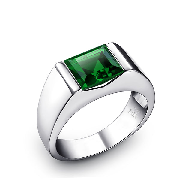 Male Ring Band with Square Emerald in Solid 10K White Gold Green Gemstone Gift for Him