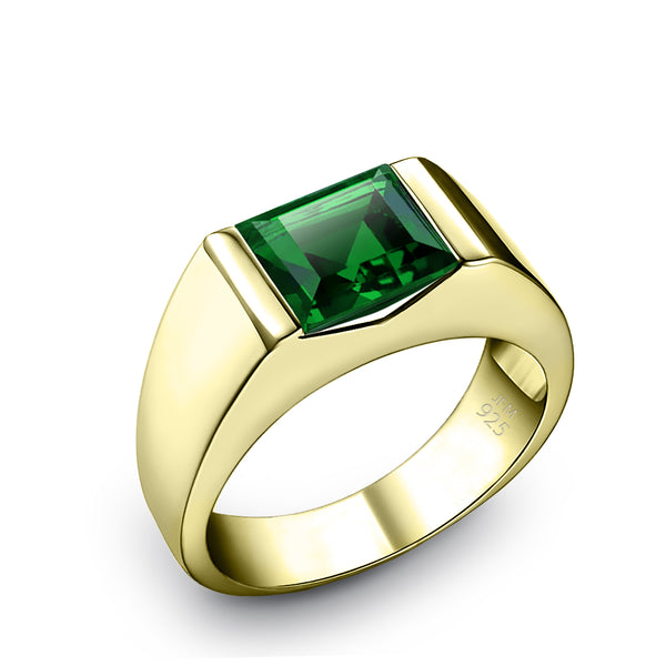 Men's Solitaire Ring with Green Emerald Gemstone 18K Gold Plated Pinky Band Jewelry Gift
