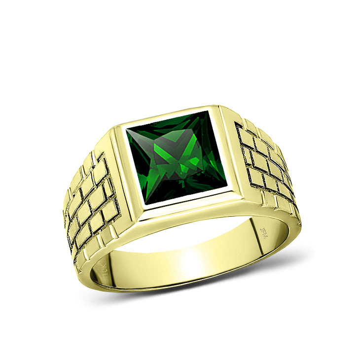 Wedding Band Ring for Him Green Emerald in Solid 10K Yellow Gold