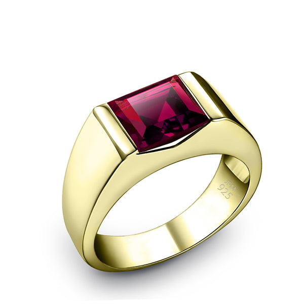 Men's 18k Gold Plated Silver Ruby Ring Simple Engagement Band Handcrafted Male Jewelry