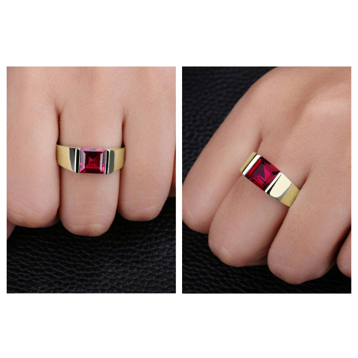 Men's 18k Gold Plated Silver Ruby Ring Simple Engagement Band Handcrafted Male Jewelry