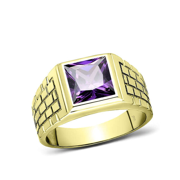 Male Wedding Simple Band with Emerald Cut Square Amethyst Mens Solid 10k Gold Ring