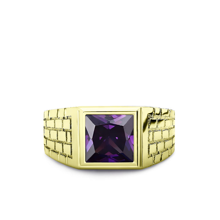 Male Wedding Simple Band with Emerald Cut Square Amethyst Mens Solid 10k Gold Ring