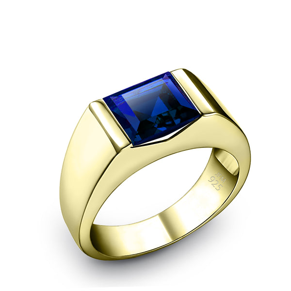 Square Stone Signet Ring in 18k Yellow Gold-Plated Solid Silver Blue Gemstone Virgo Jewelry