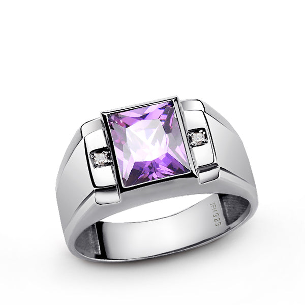 Men's Birthstone Ring with 2 Diamonds in 925 Sterling Silver