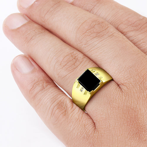 Mens Ring 10k Fine Solid Gold with Black Onyx and 4 DIAMOND Accents in All Sizes