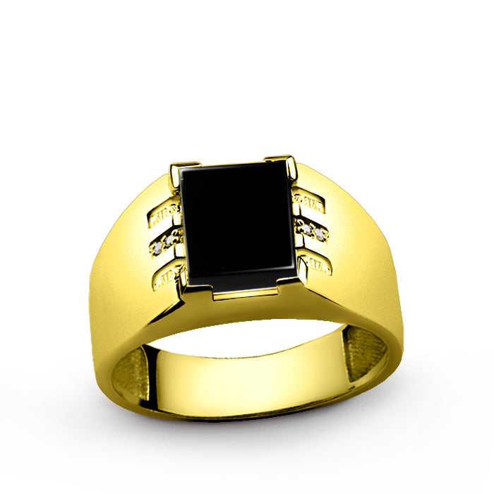 Mens Ring 14k Fine Solid Gold with Black Onyx and 4 DIAMOND Accents in All Sizes
