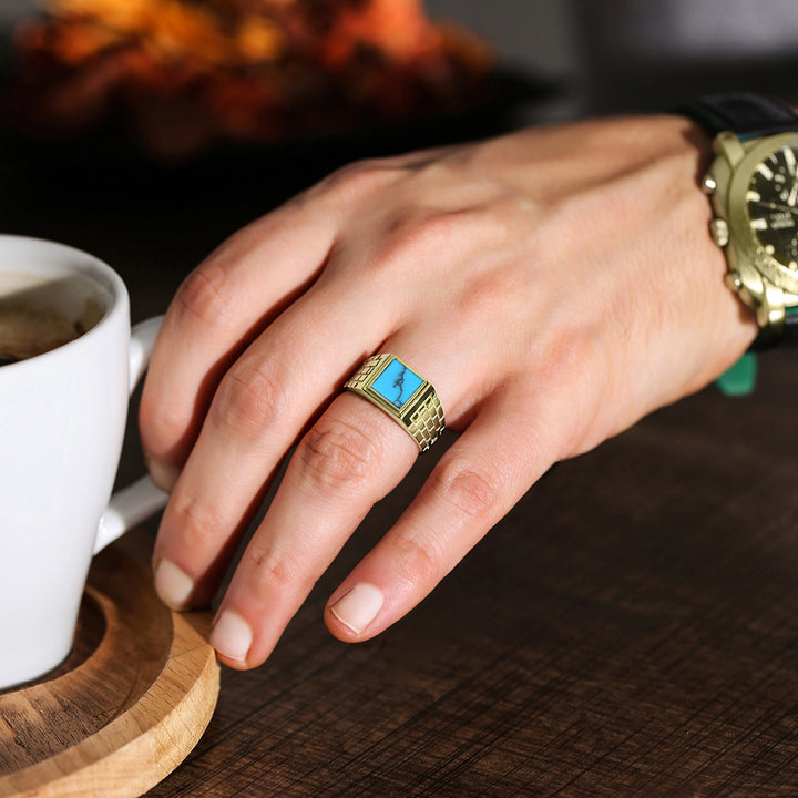 Perfect turquoise mens gold ring