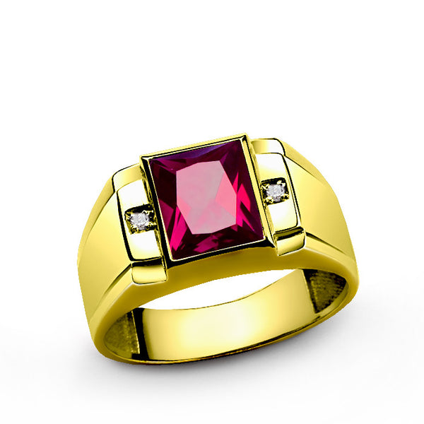 Men's Ring with Ruby Gemstone and Diamonds in 14k Yellow Gold