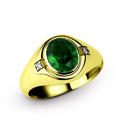 18k Yellow Gold Men's Ring with Green Emerald Gemstone and Diamonds