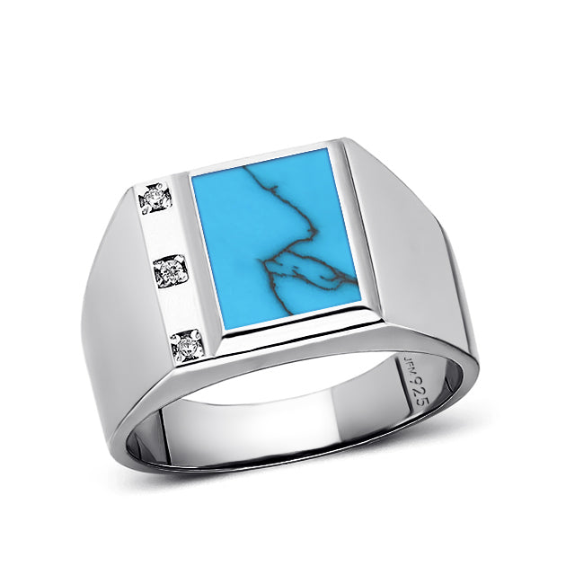 Men's Solid Silver Ring 3 Natural Diamonds & Single Stone