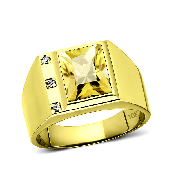 Solid 10K Gold Yellow Citrine Mens Ring 3 Natural Diamonds on Fine Ring for Man