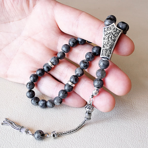 8mm NATURAL Stone Muslim Tasbih Gray Spectrolite 33 Round Beads 925 Silver Prayer Rosary
