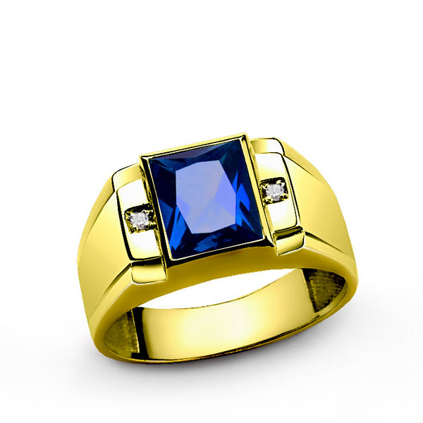 Men's Ring Sapphire and Genuine Diamonds in 10K Yellow Gold, Statement Ring