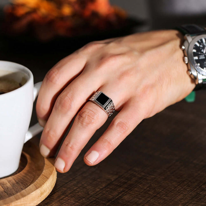 Black Square Onyx Silver Men's Ring