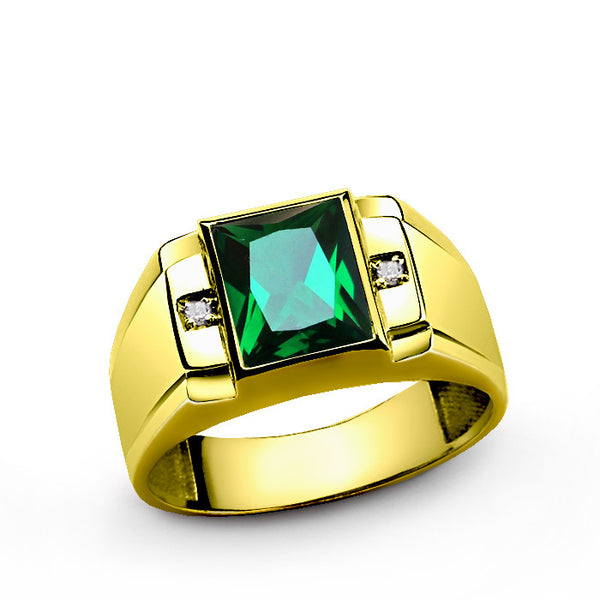 10k Yellow Gold Men's Ring with Green Emerald and Genuine Diamonds