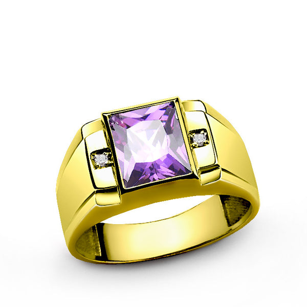 Men's Ring in 14 K Solid Yellow Gold with Amethyst and Diamonds