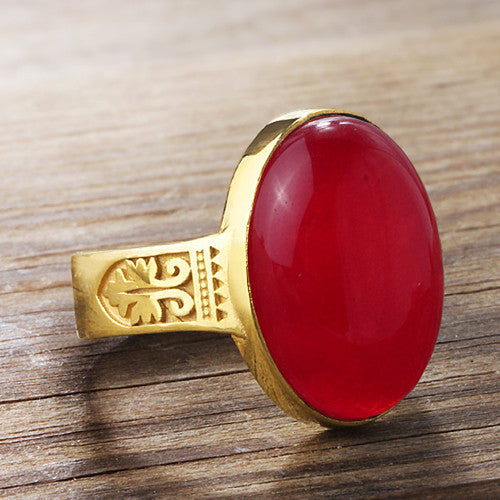 10k Yellow Solid Gold Men's Ring with Red Agate Natural Stone