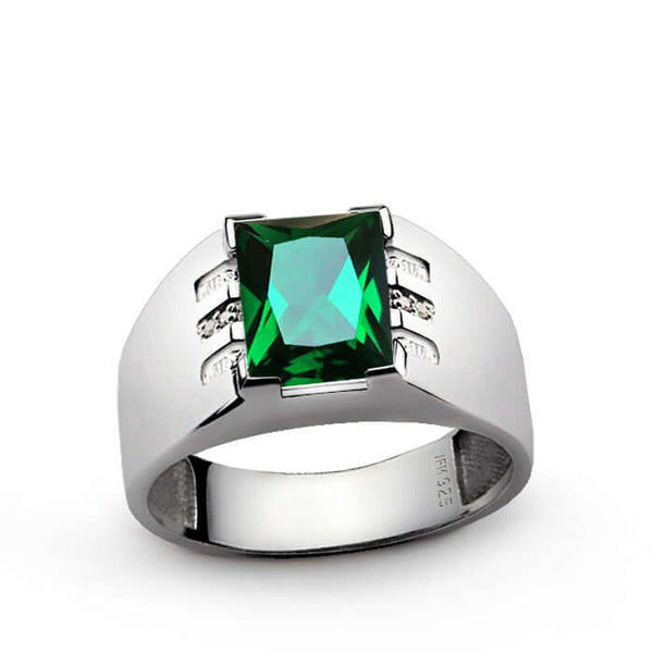 Silver Ring 8x10MM Gemstone & Diamonds Men's Fine Jewelry