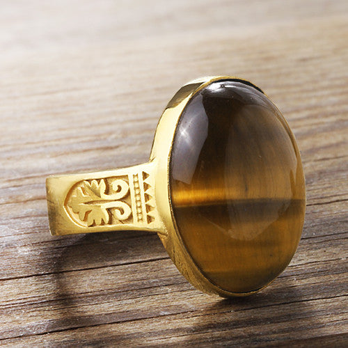 Men's Ring in 10k Yellow Gold with Brown Tiger's Eye Natural Stone