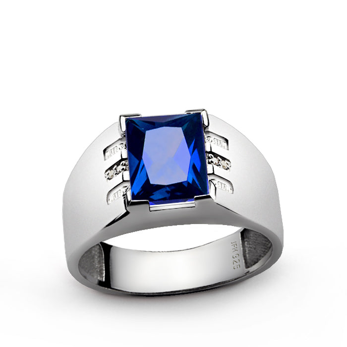 Silver Ring 8x10MM Gemstone & Diamonds Men's Fine Jewelry