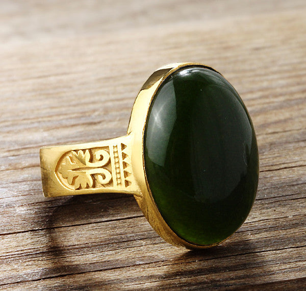 14k Yellow Solid Gold Artdeco Men's Ring with Green Agate Stone