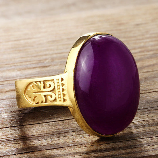 Men's Agate Ring in 14k Yellow Gold Artdeco Ring, Natural Purple Stone Ring for Men