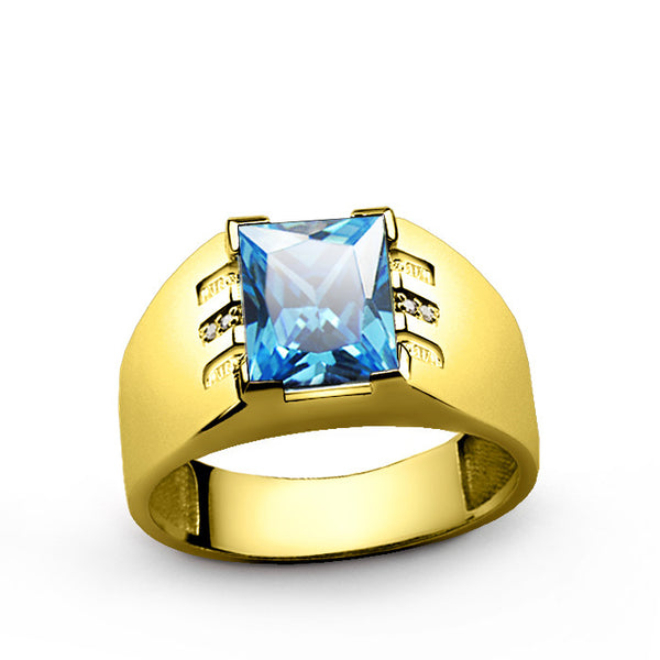 Men's Diamonds Ring in 14k Yellow Gold with blue Topaz Gemstone