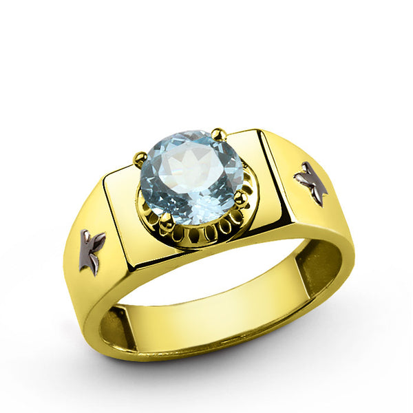14k Yellow Gold Men's Ring with Blue Topaz, Gemstone Ring for Men