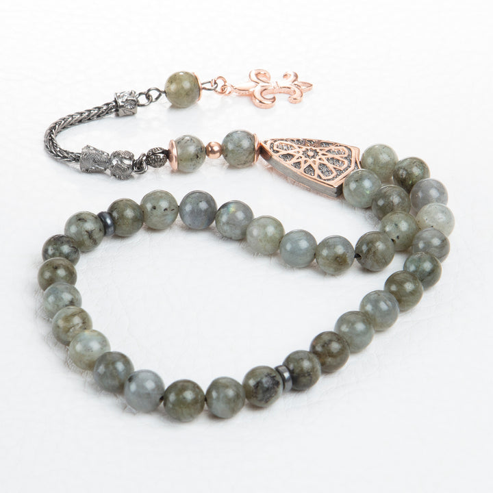Labradorite Worry Beads Natural Gray Gemstones with 925 Silver Islamic 33 Tasbih
