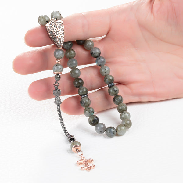 Labradorite Worry Beads Natural Gray Gemstones with 925 Silver Islamic 33 Tasbih