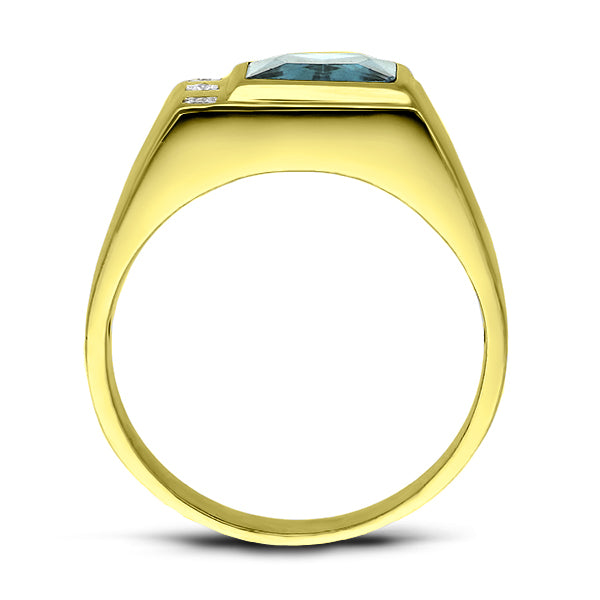 3 Diamond Accents 18K Gold Plated on 925 Real Solid Silver Mens Blue Topaz Ring