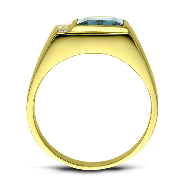 Mens Solid 18K Gold Blue Topaz Ring with 3 Natural Diamond Accents All Sizes
