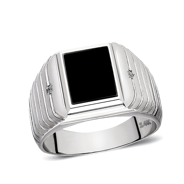 Mens Solid 14K White Gold Black Onyx Ring 0.04ct Natural Diamonds Ring for Men