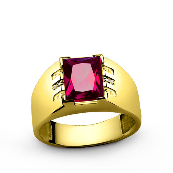 Men's Ring 14k Yellow Gold with Ruby Gemstone and Diamonds