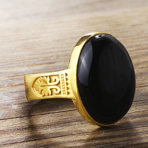 Men's Onyx Ring in 14k Yellow Gold, Artdeco Statement Ring with Black Stone
