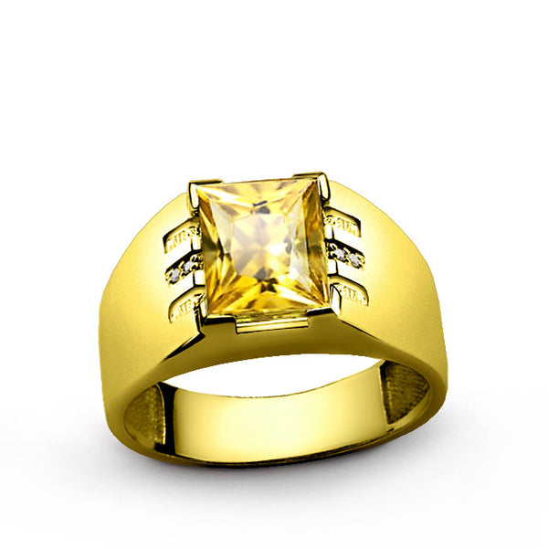 10k Yellow Gold Ring with Citrine and Genuine Diamonds Men's Ring Statement
