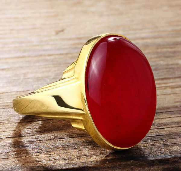 Statement Men's Ring in 10k Yellow Gold with Natural Red Agate Stone