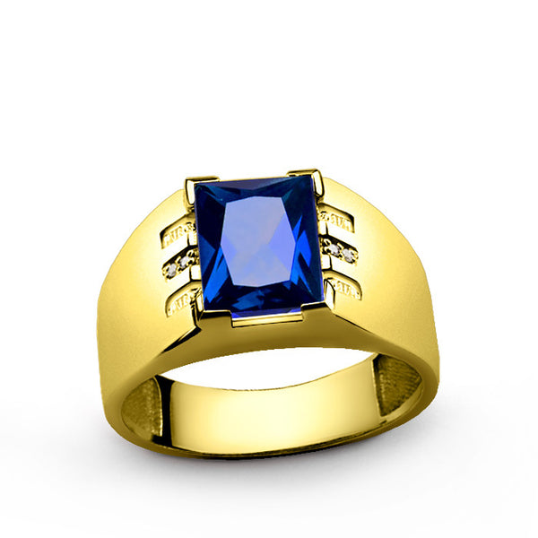 10k Yellow Gold Men's Ring with Sapphire and Genuine Diamonds